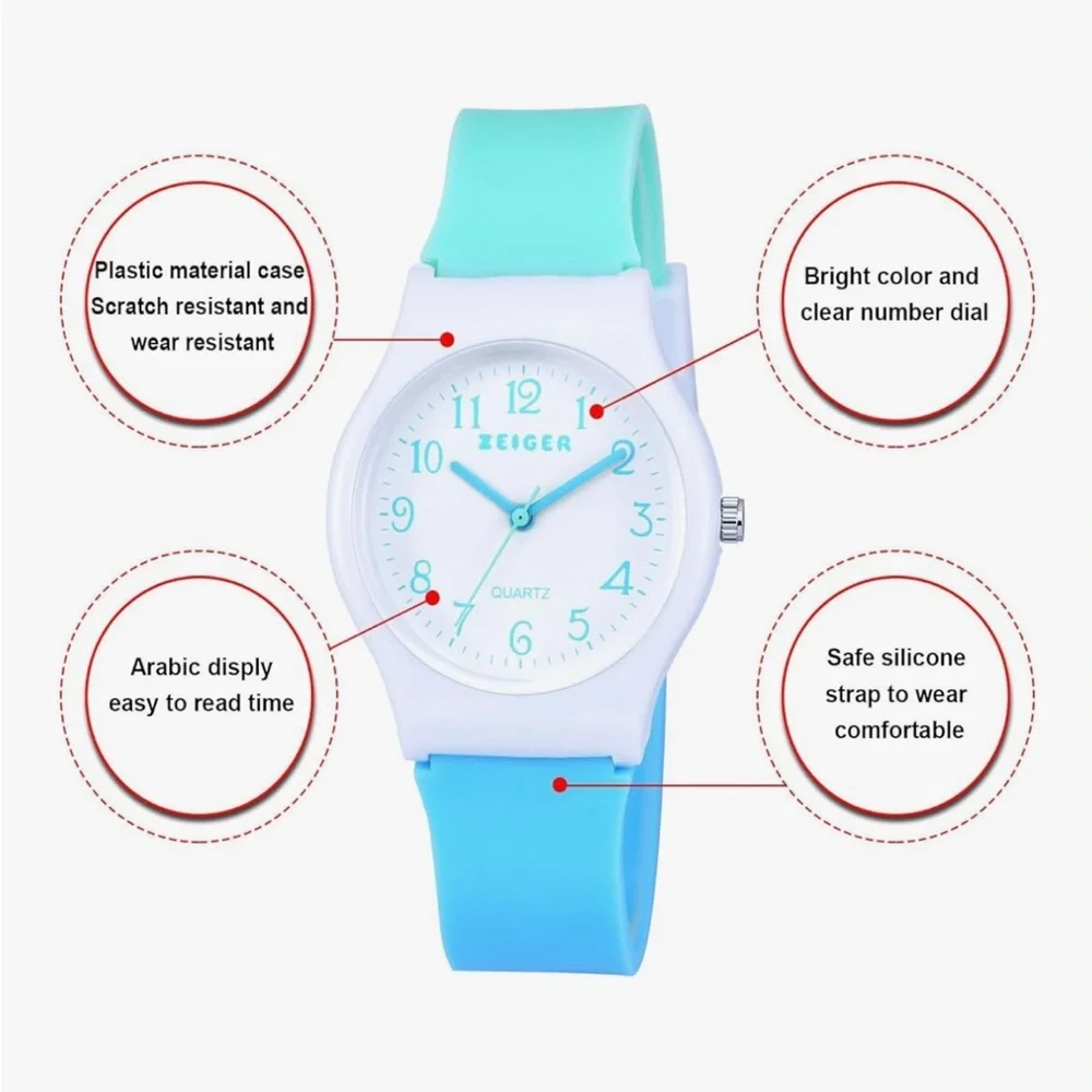 ZEIGER Kids Teenager Sports Wrist Watch Time Teacher Blue & White Silicone Band